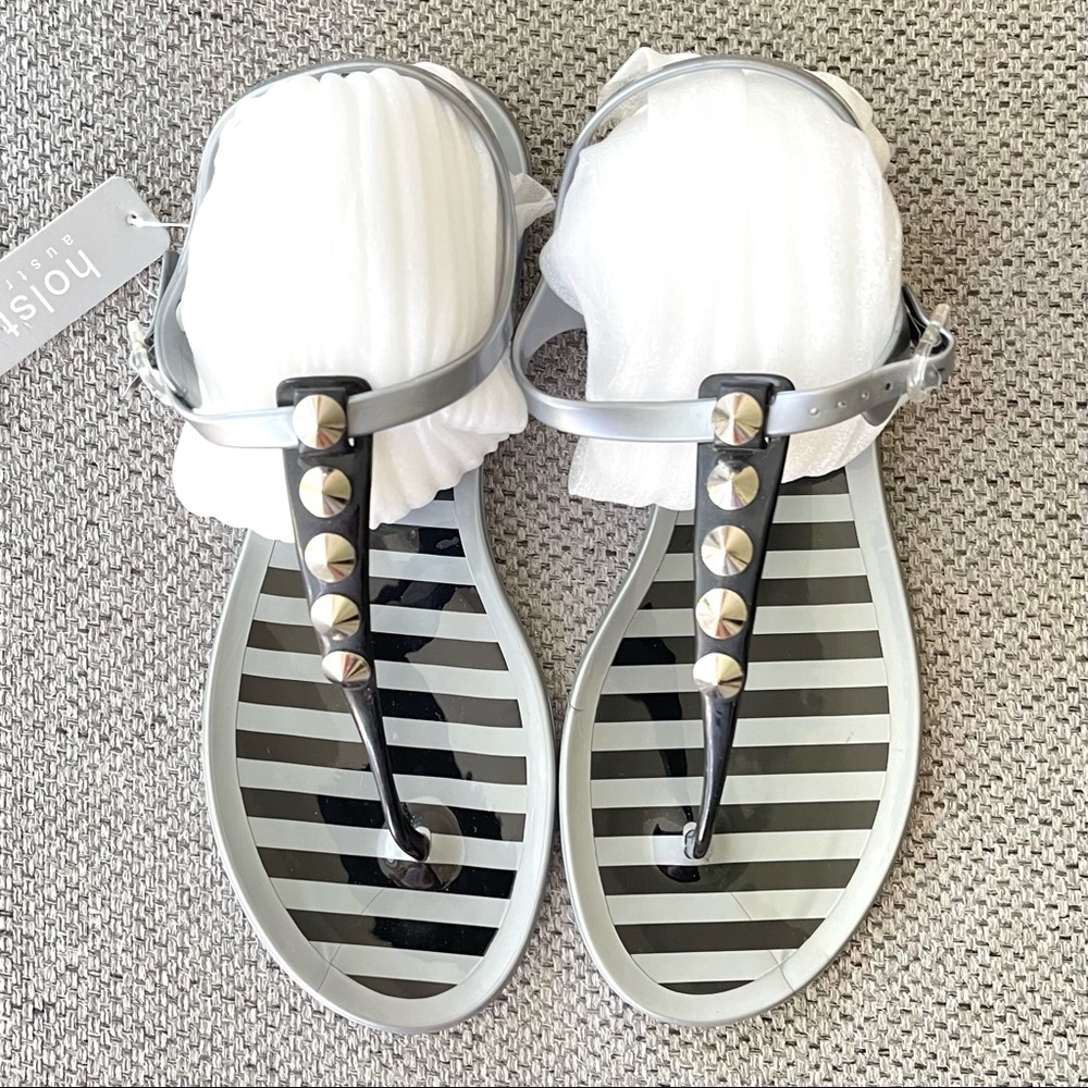 Holster Australia Gray/Black Striped Vegan Jelly T-Bar Silver Spike Sandals US 9